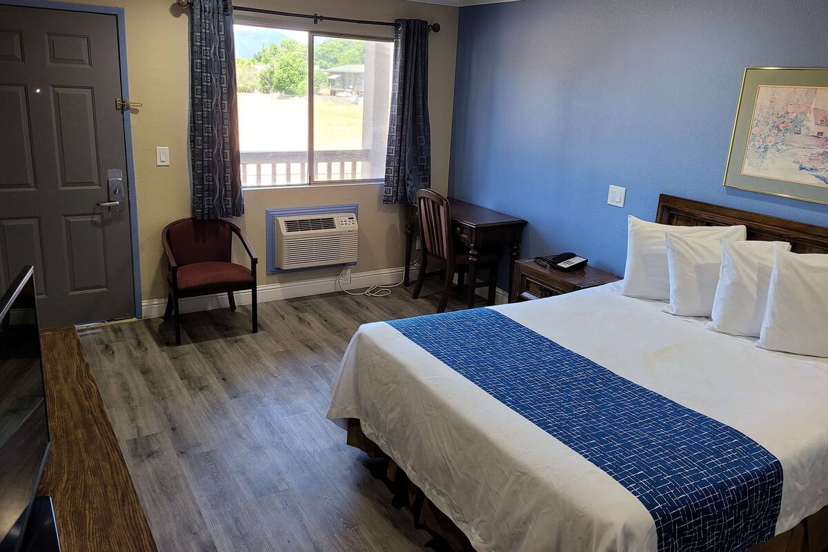 Une chambre d’hôtel avec un lit, un bureau, une chaise et une fenêtre avec des rideaux.