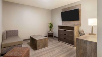 A modern living room with a sofa, ottoman, TV, and a small side table with a plant.