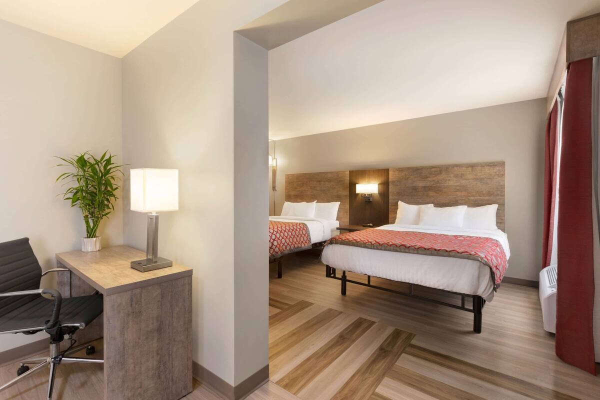 A hotel room with two beds, a desk with a chair, a lamp, and a potted plant.