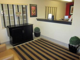 Un área de recepción con un mueble negro, un cuadro enmarcado, una planta pequeña en maceta y una alfombra a rayas.