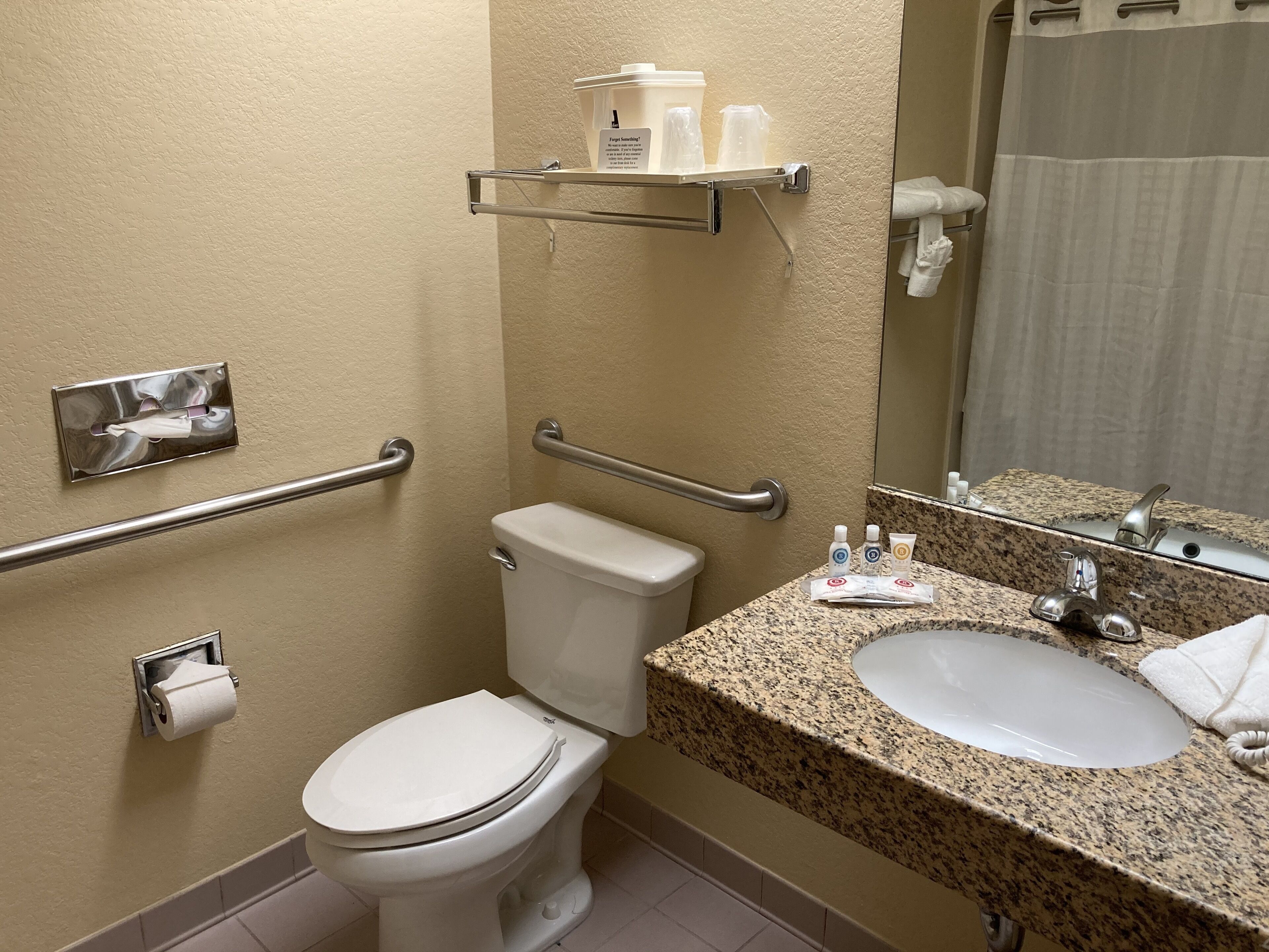 combined shower/bathtub, free toiletries, hair dryer, towels