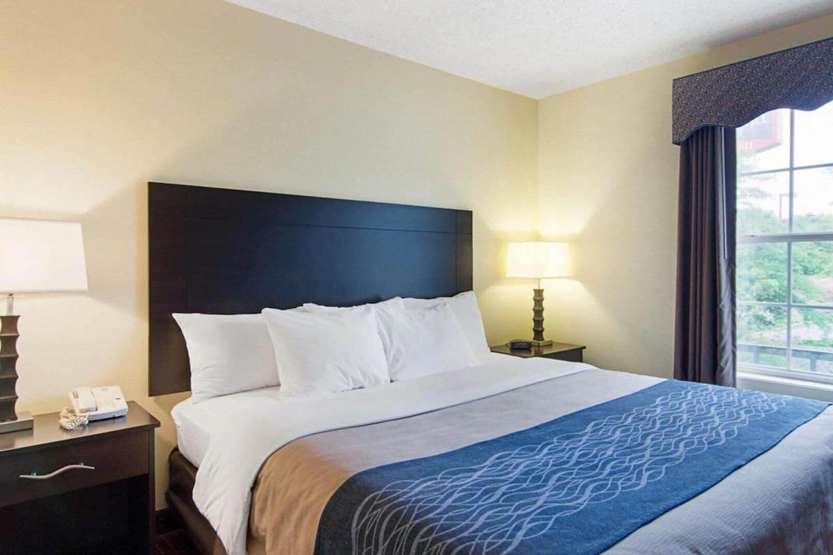 A hotel room with a bed, a nightstand with a lamp, a phone, and a window with curtains.