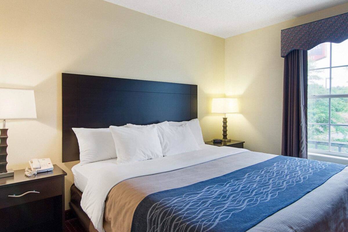A hotel room with a bed, a nightstand with a lamp, a phone, and a window with curtains.