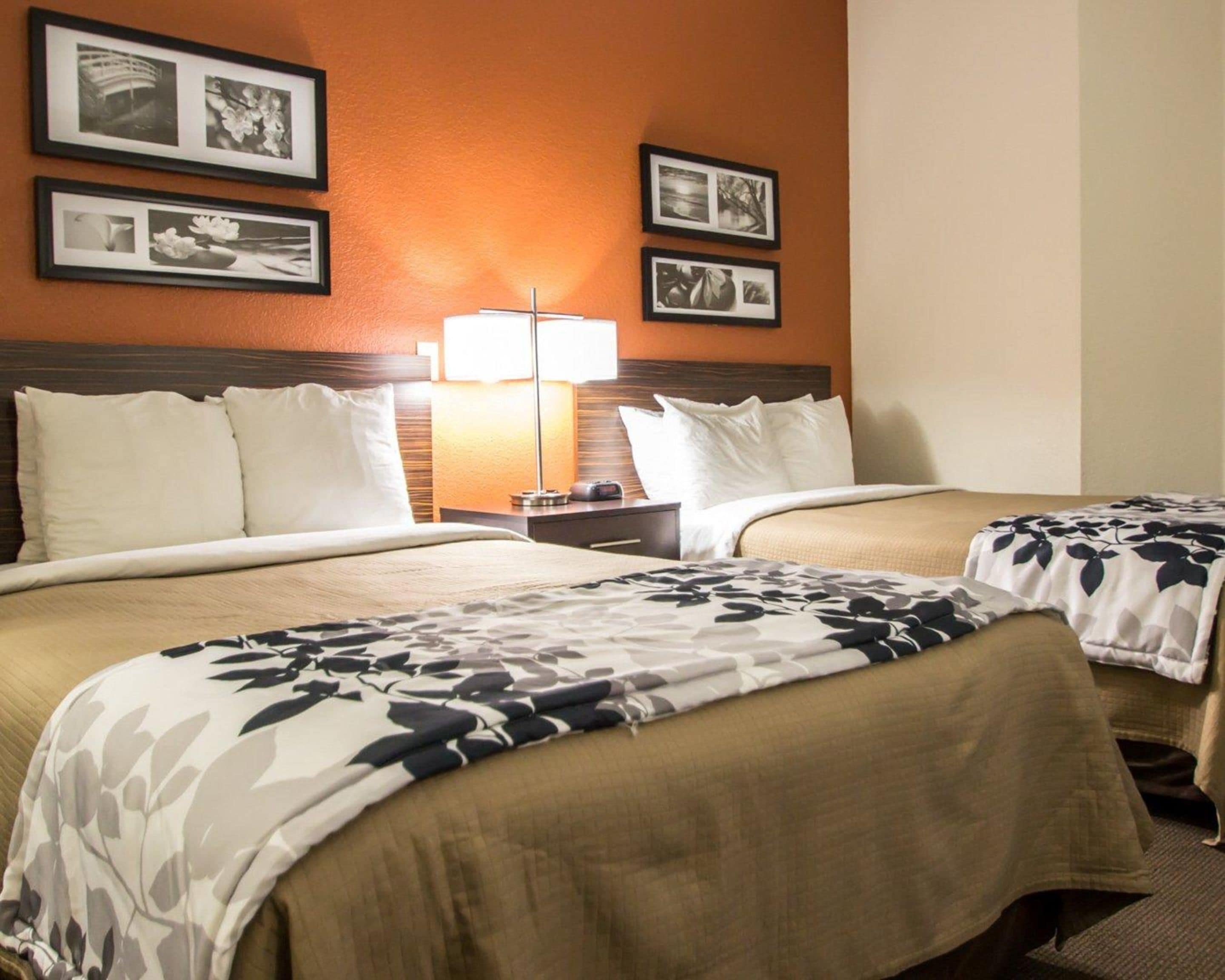 A hotel room with two beds, a nightstand, a lamp, and framed pictures on the wall.