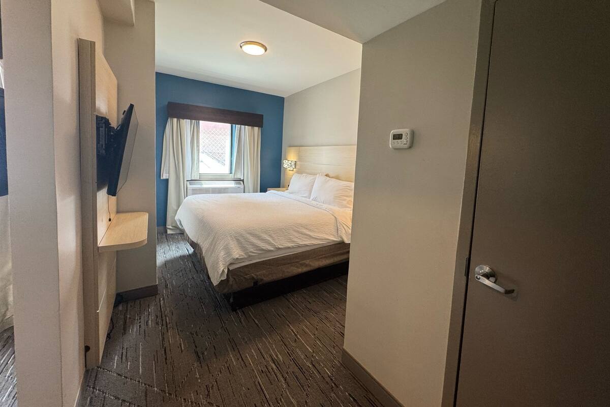 A hotel room with a bed, a window with curtains, a thermostat, and a door.