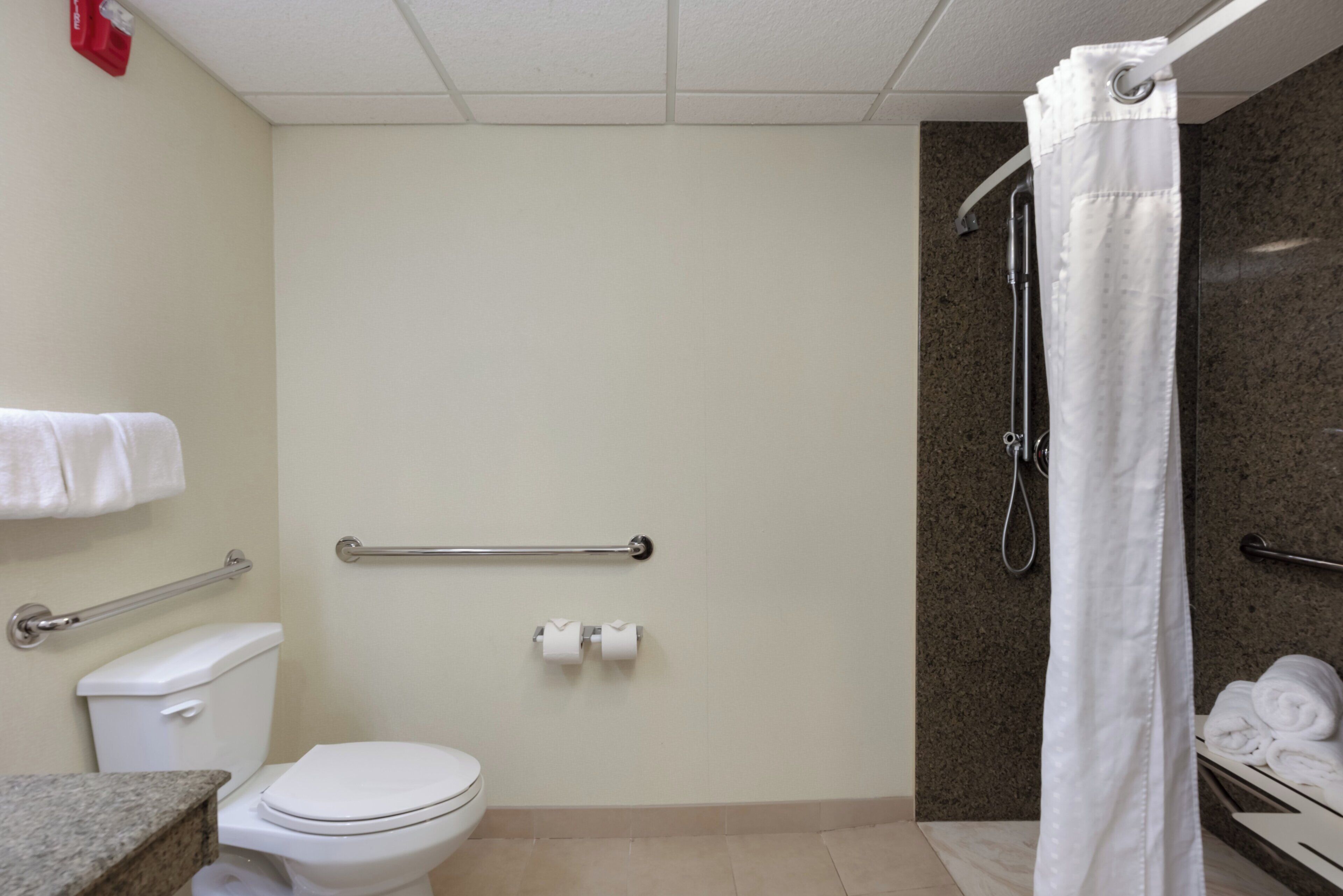 Un baño con inodoro, barras de apoyo, cortina de ducha y toallero.