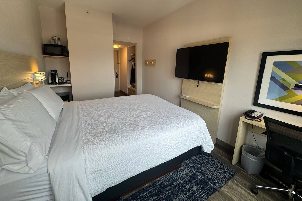 A hotel room with a large bed, a desk with a computer, a TV, and a framed picture on the wall.