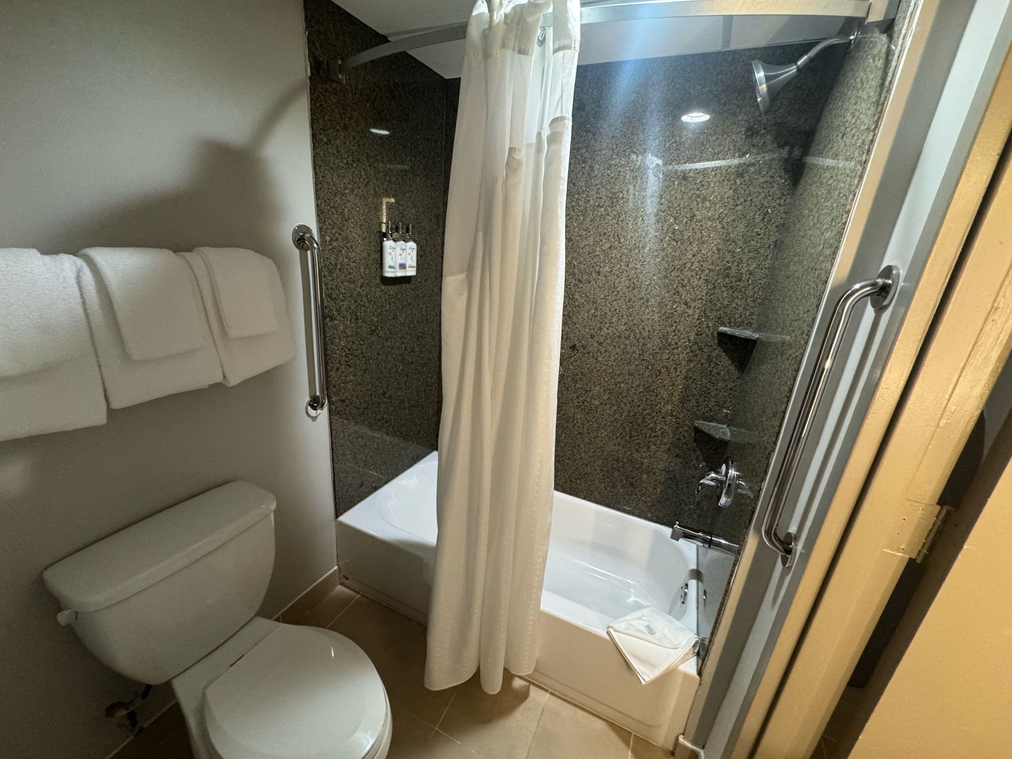 Un baño con inodoro, ducha con puerta de vidrio y bañera.