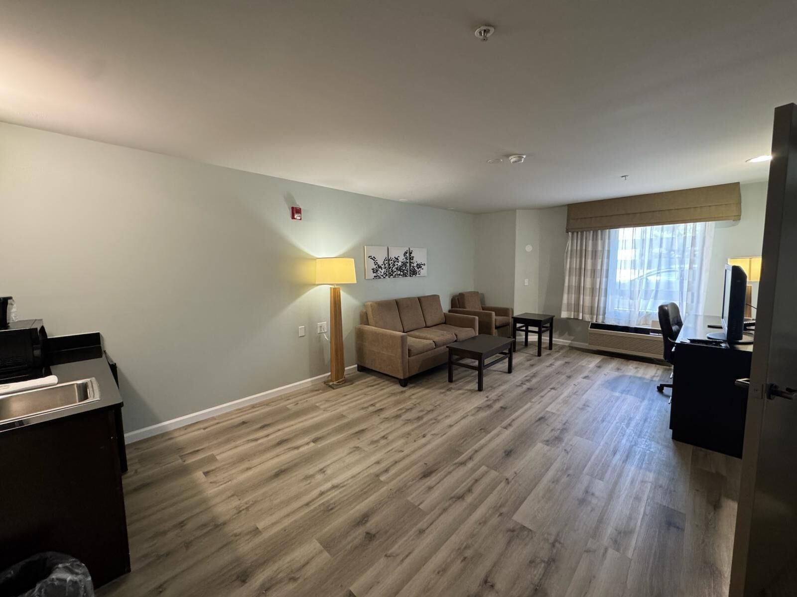 A modern living room with a sofa, coffee table, and lamp. There is a dining area with a table and chairs. The room has hardwood flooring and a large window with curtains.