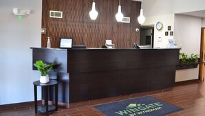 Un comptoir d’accueil en bois foncé, une petite plante en pot et un paillasson.
