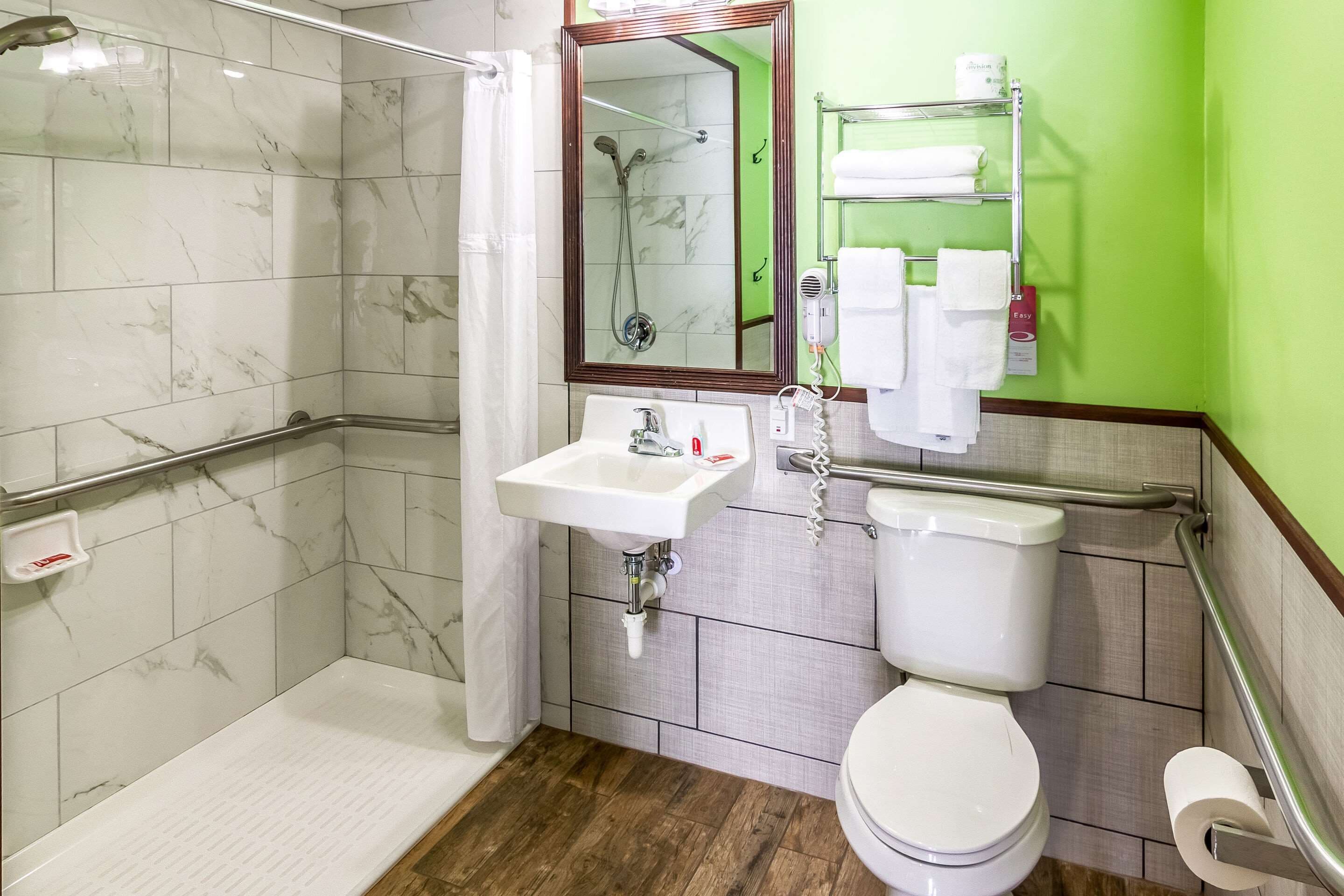 A bathroom with a shower, toilet, sink, and a mirror.
