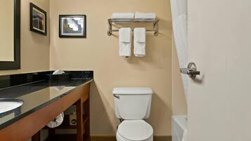 Un baño con inodoro, lavabo, toallero y un cuadro enmarcado en la pared.