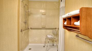 Hydromassage showerhead, free toiletries, hair dryer, towels
