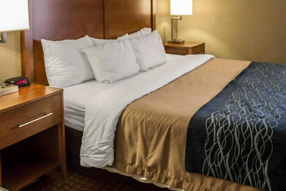 Una habitación de hotel con cama, mesitas de noche, lámparas y un reloj digital.