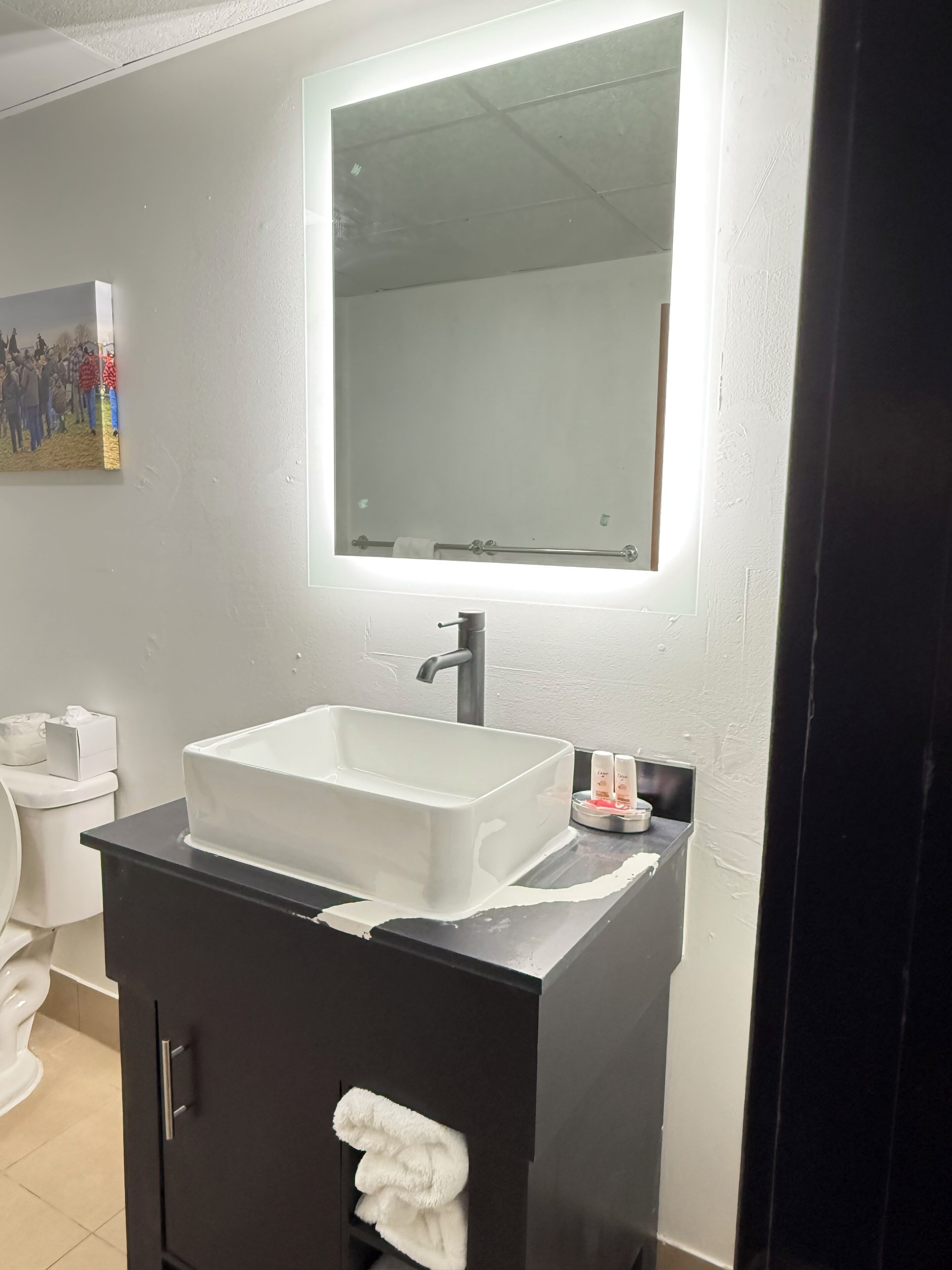 A bathroom with a white sink, a mirror above it, and a black cabinet below.