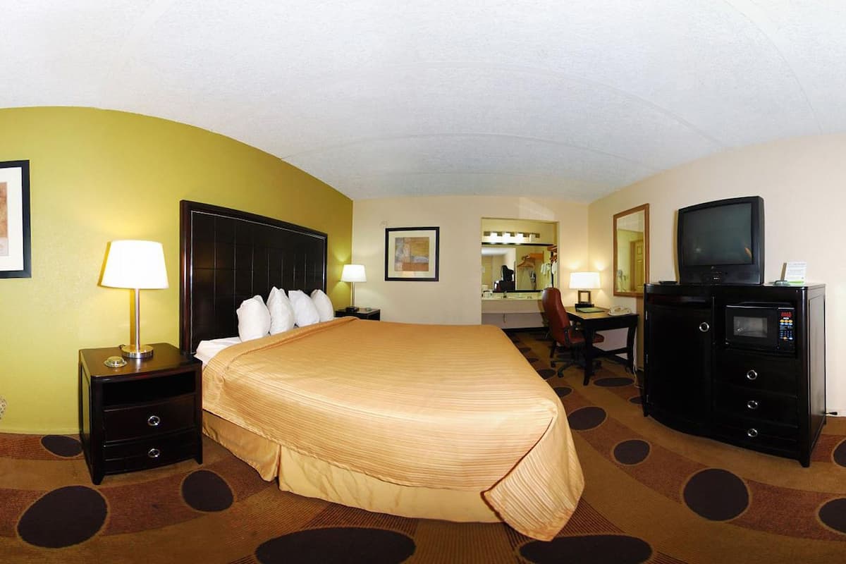 A hotel room with a large bed, a desk with a computer, a television, and a microwave.