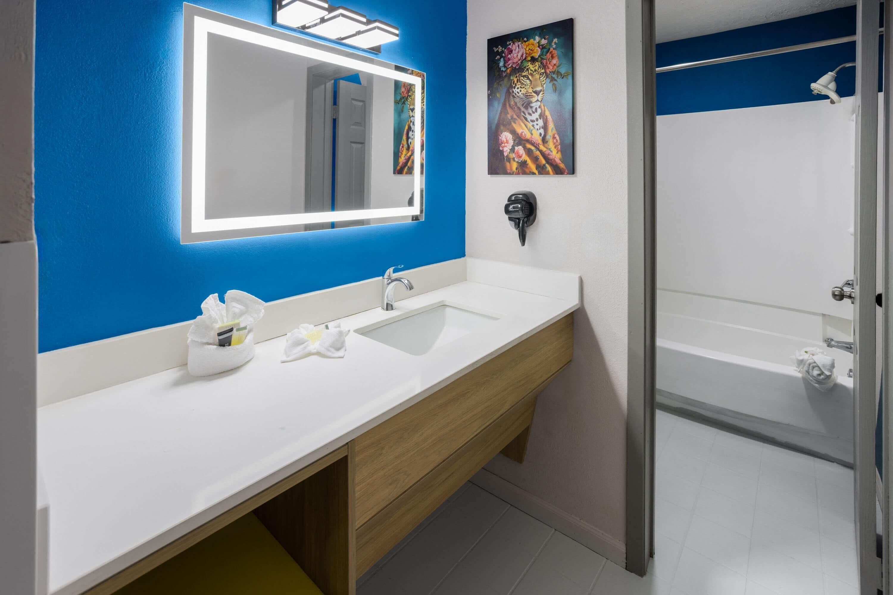 A bathroom with a white sink, a mirror, a shower, and a blue accent wall.