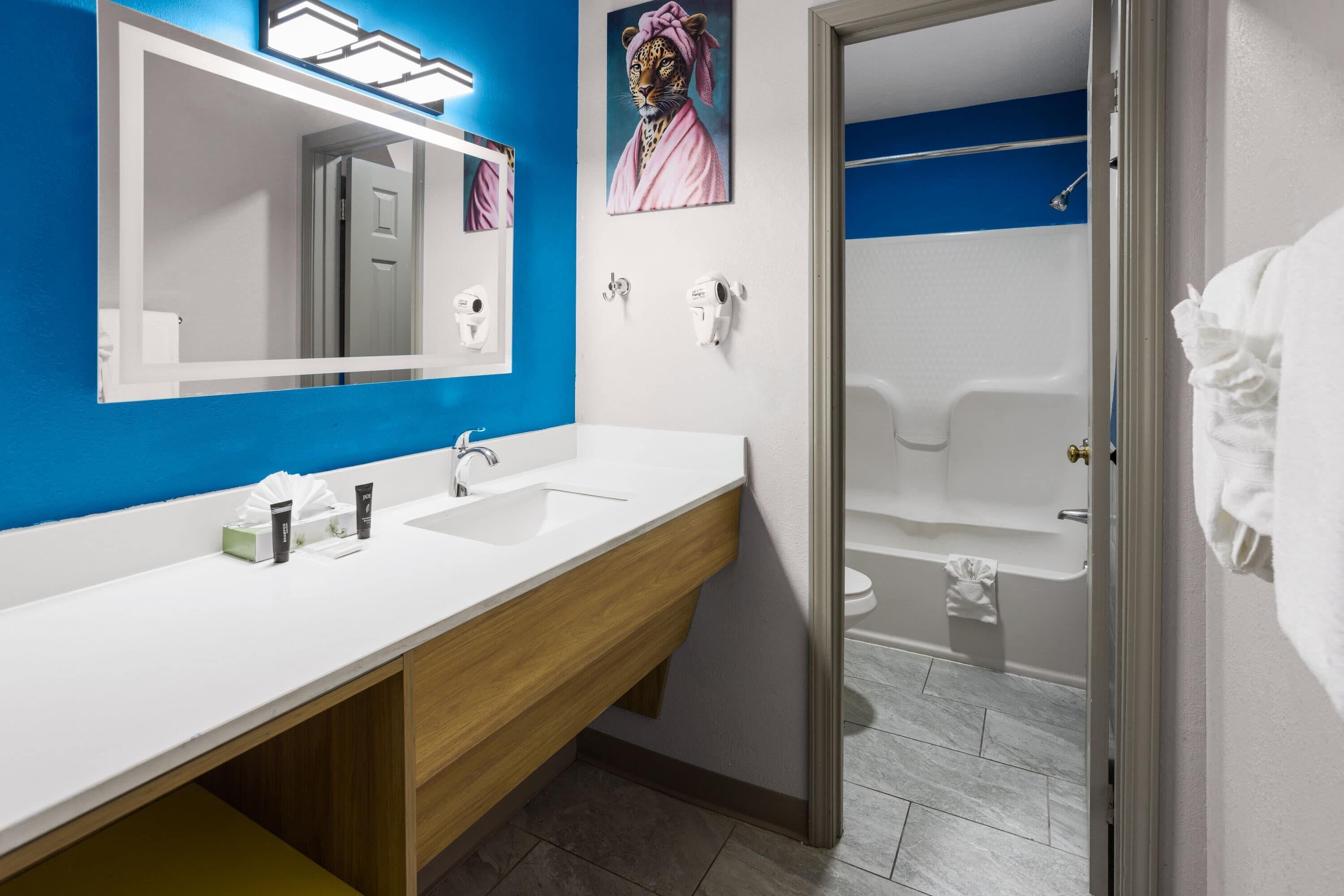 Une salle de bain moderne avec un lavabo blanc, un miroir et un espace douche.