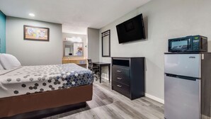 Ein Schlafzimmer mit Bett, Schreibtisch, Stuhl, Fernseher und Kühlschrank.