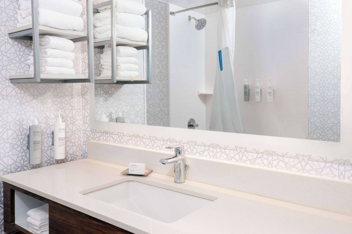 combined shower/bathtub, free toiletries, hair dryer, towels