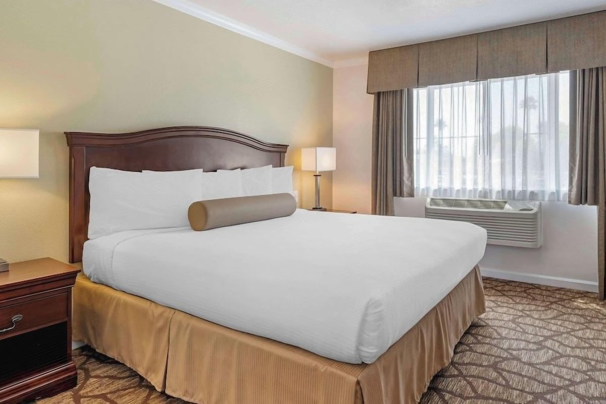 A hotel room with a large bed, a bedside table, a lamp, a window with curtains, and an air conditioning unit.