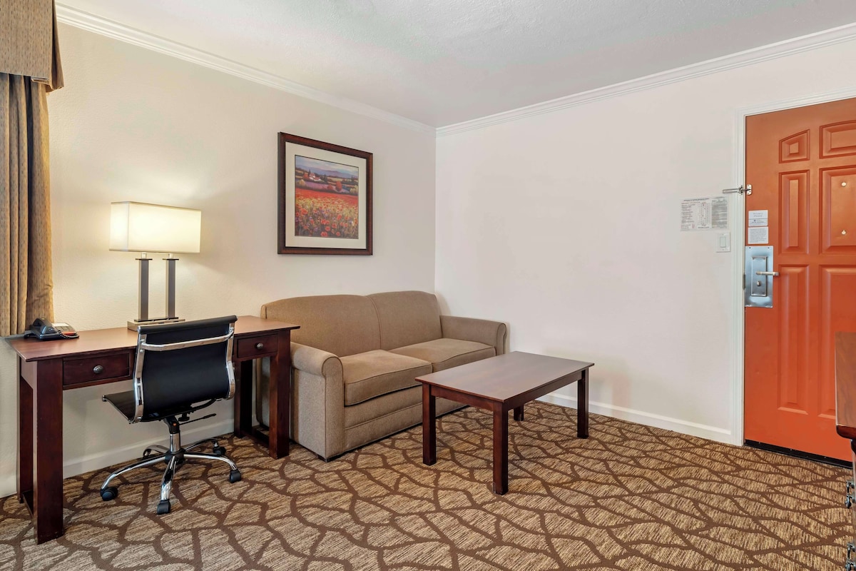 A hotel room with a desk, chair, sofa, and a small table.