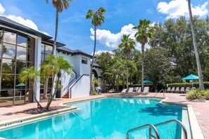 Outdoor pool, pool umbrellas