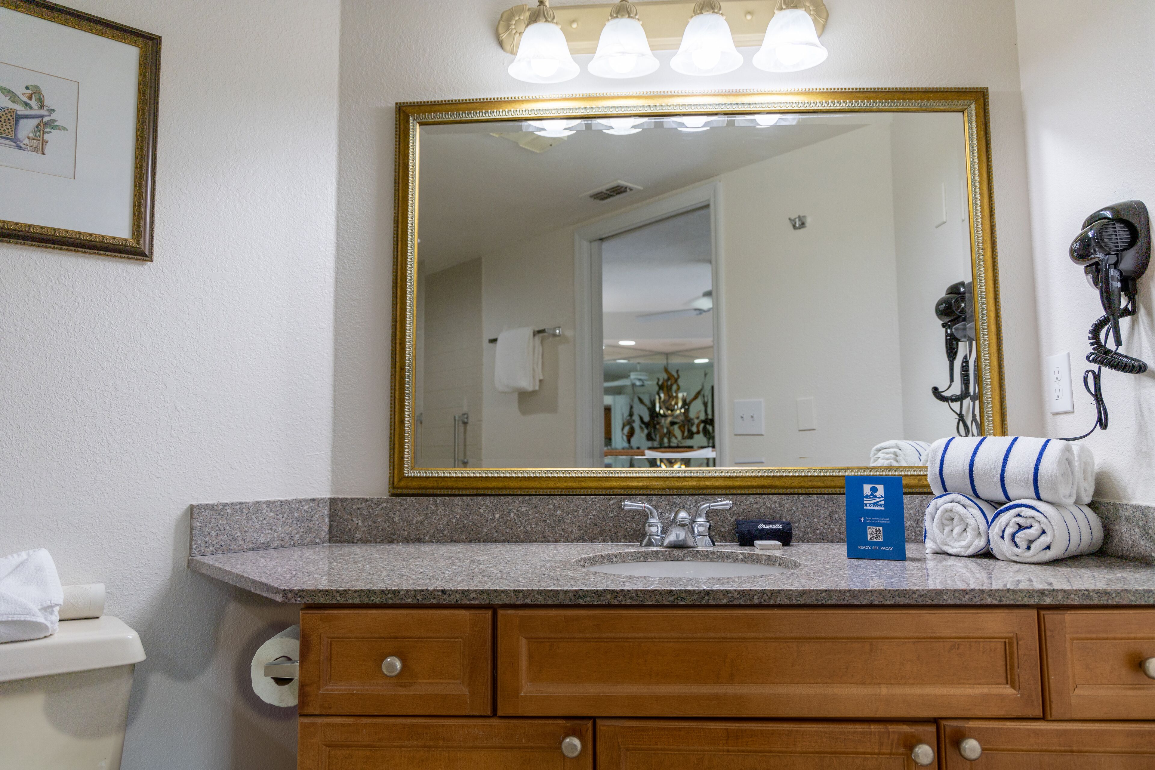 eco-friendly toiletries, hair dryer, towels, soap