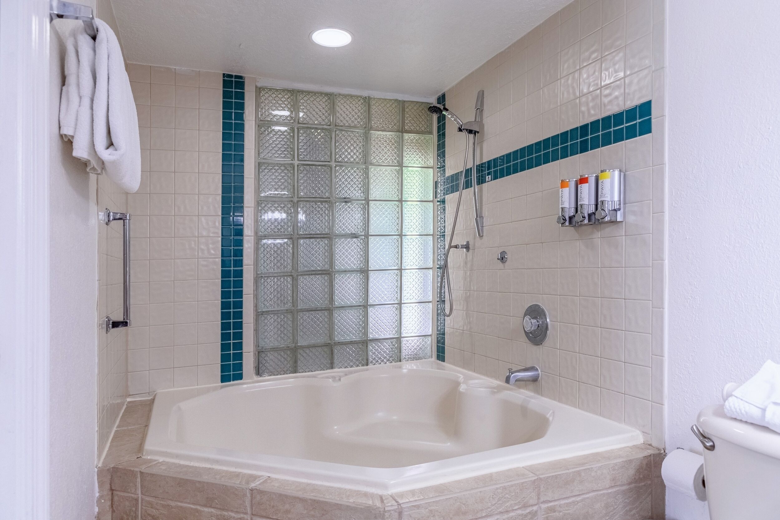 A bathroom with a bathtub, a glass door, and a toilet.