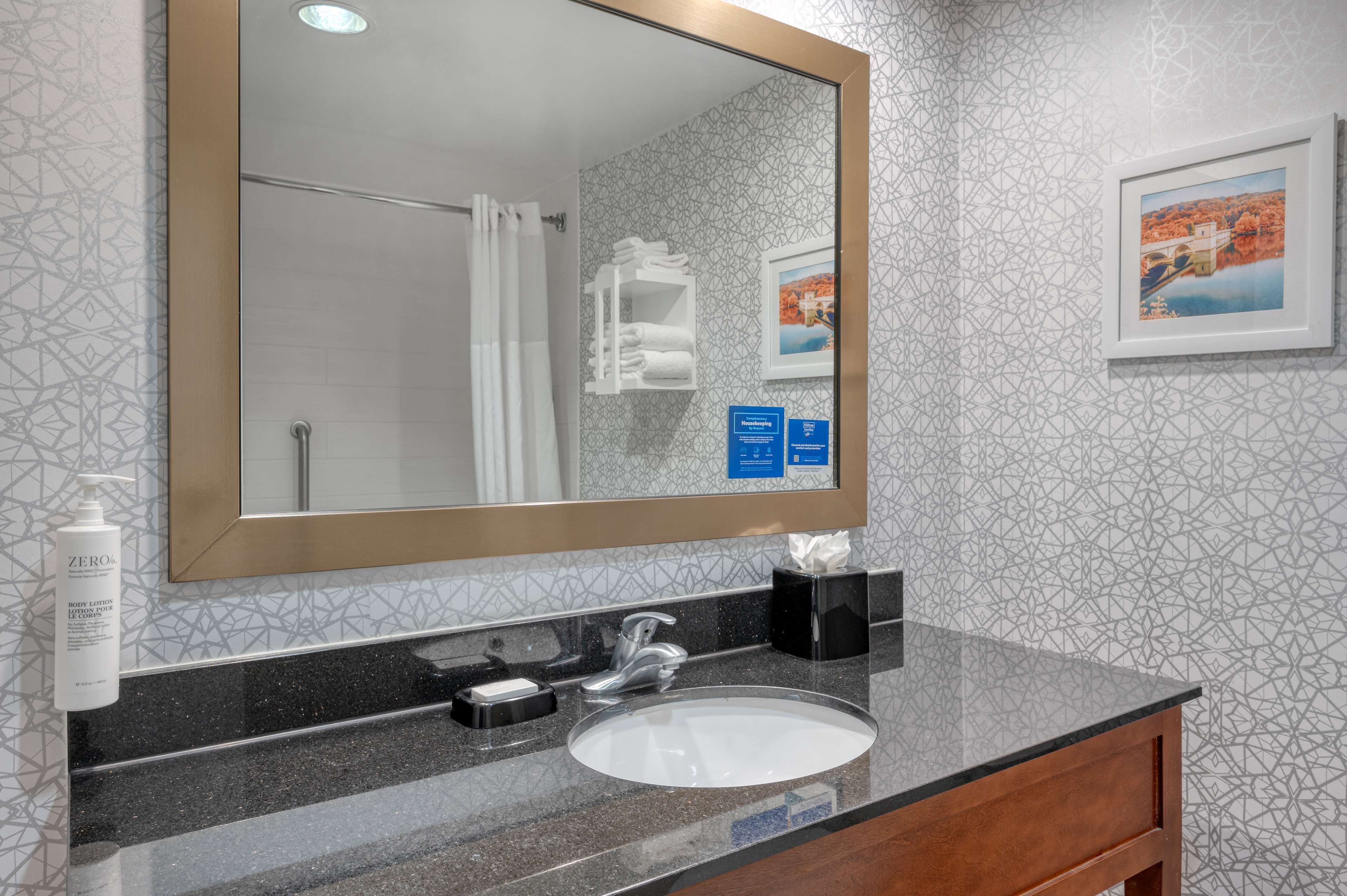 A bathroom with a large mirror, a sink, and a towel rack.