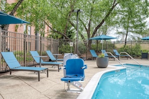 Seasonal outdoor pool, pool umbrellas, pool loungers
