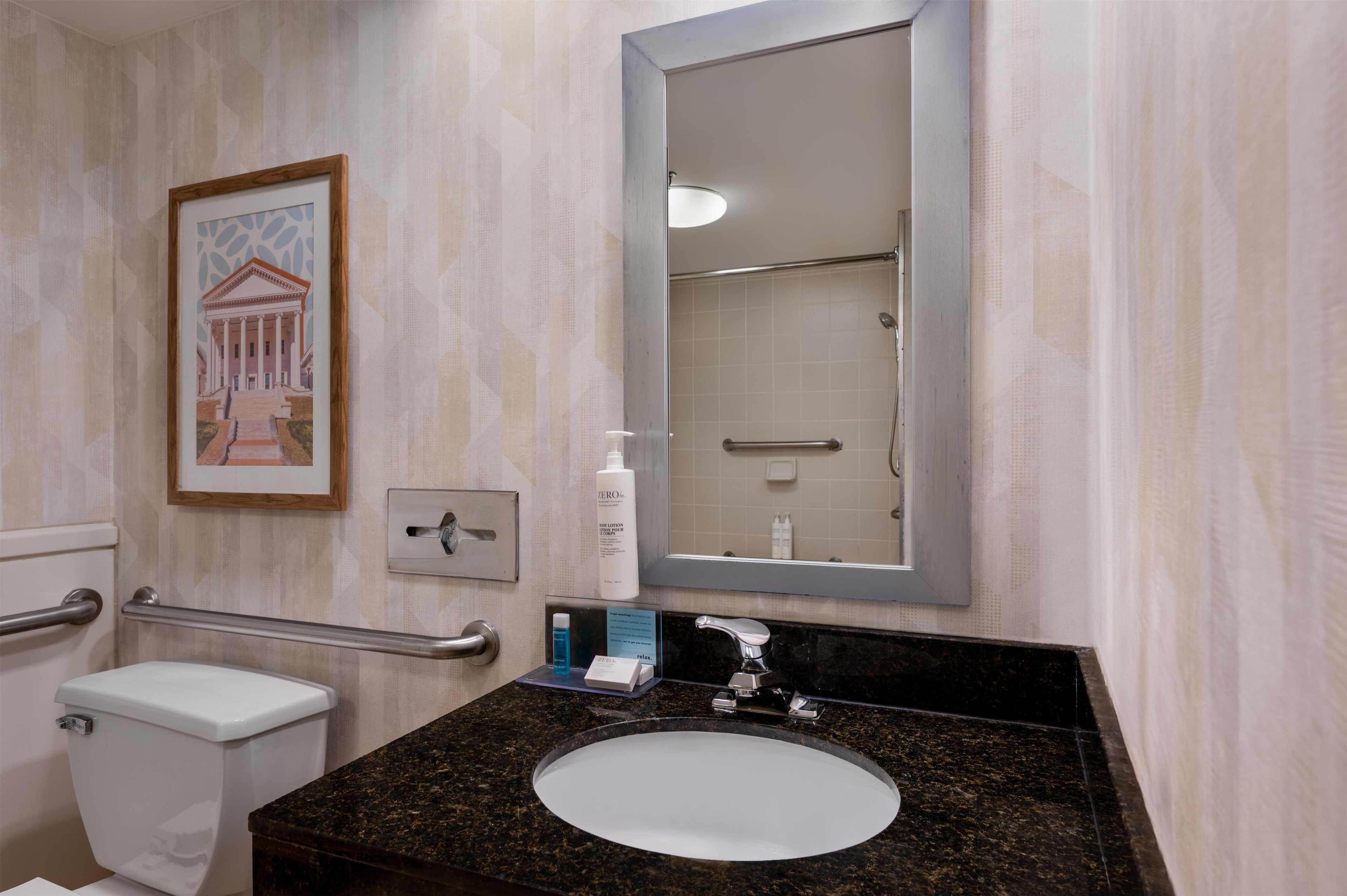 Une salle de bain avec des toilettes blanches, un lavabo doté d’un plan de travail en granit noir, un miroir et un tableau encadré accroché au mur.