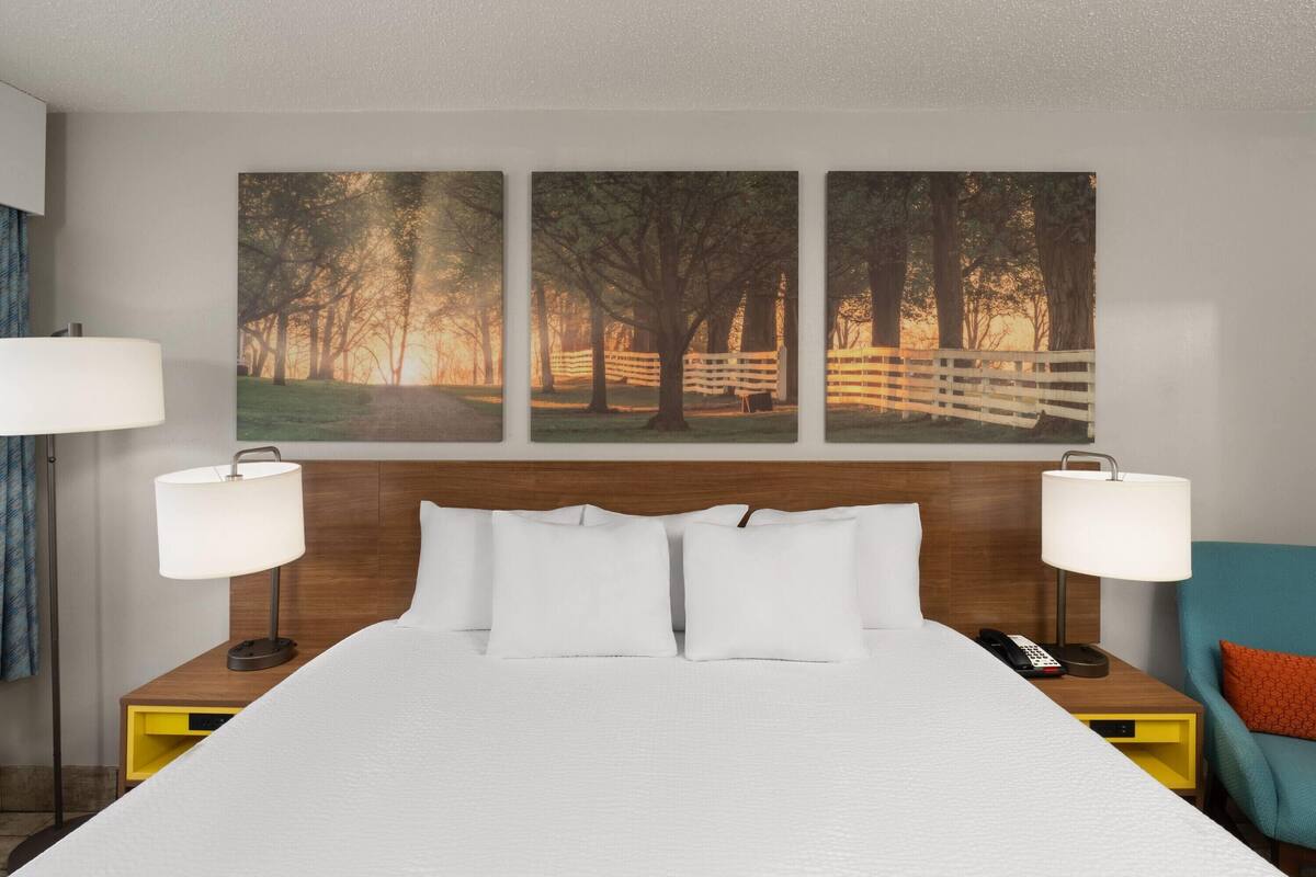 A hotel room with a bed, two bedside lamps, a nightstand, a chair, and three framed pictures on the wall.