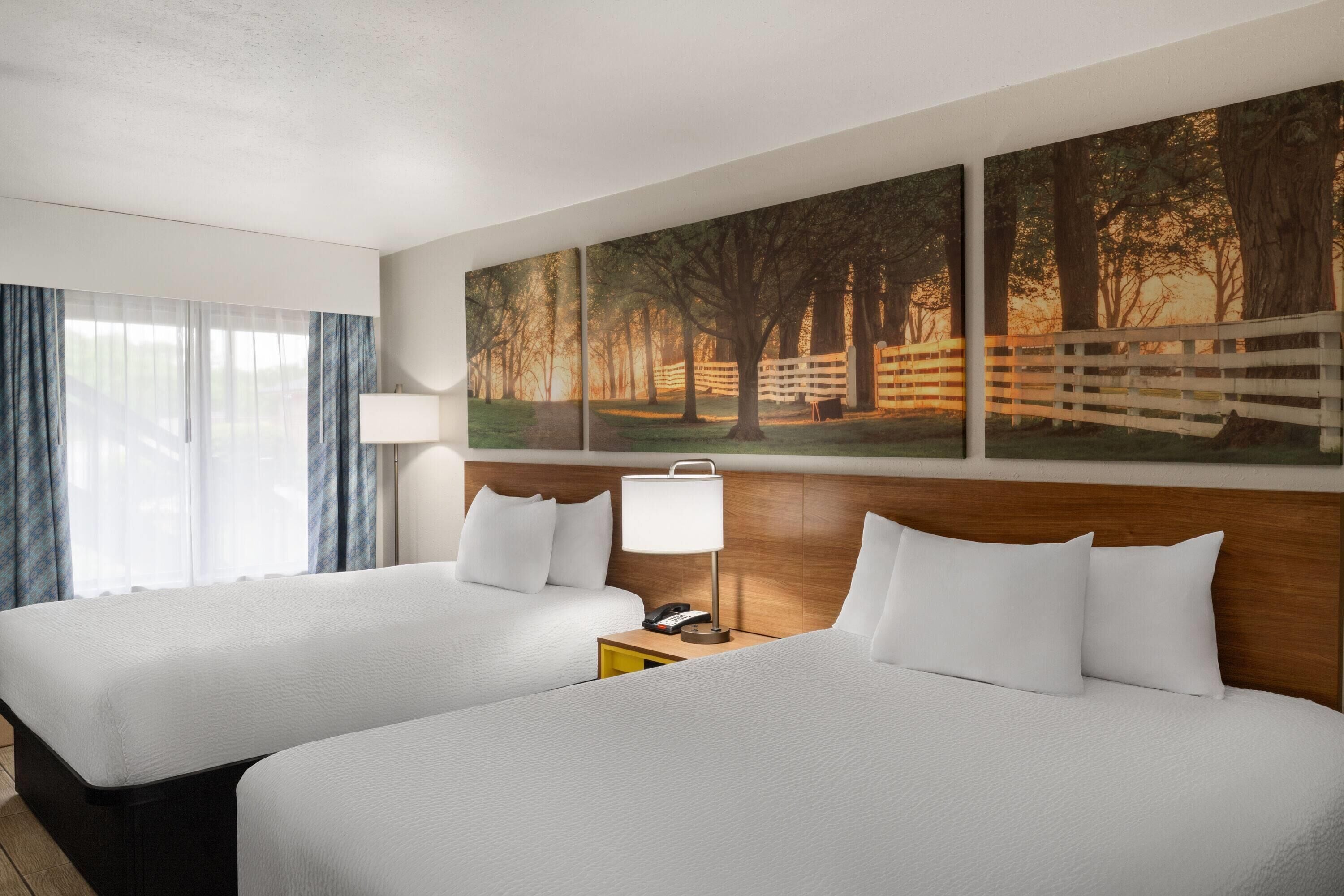 Een hotelkamer met twee bedden, een nachtkastje met een lamp, een schilderij van een bos en een raam met gordijnen.