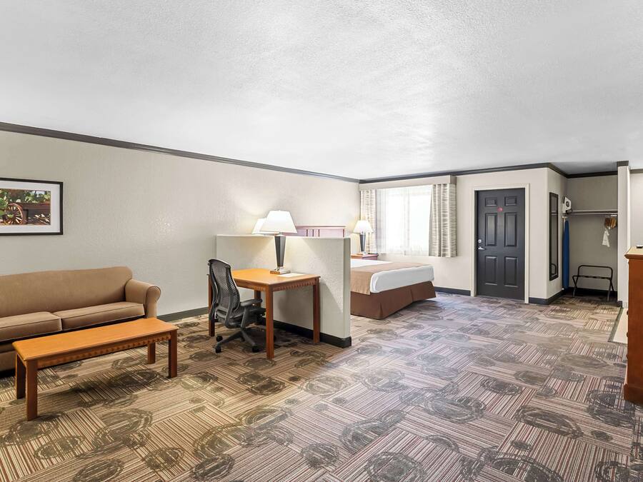 A compact hotel room with a sofa, a small desk with a chair, a bed, and a door.