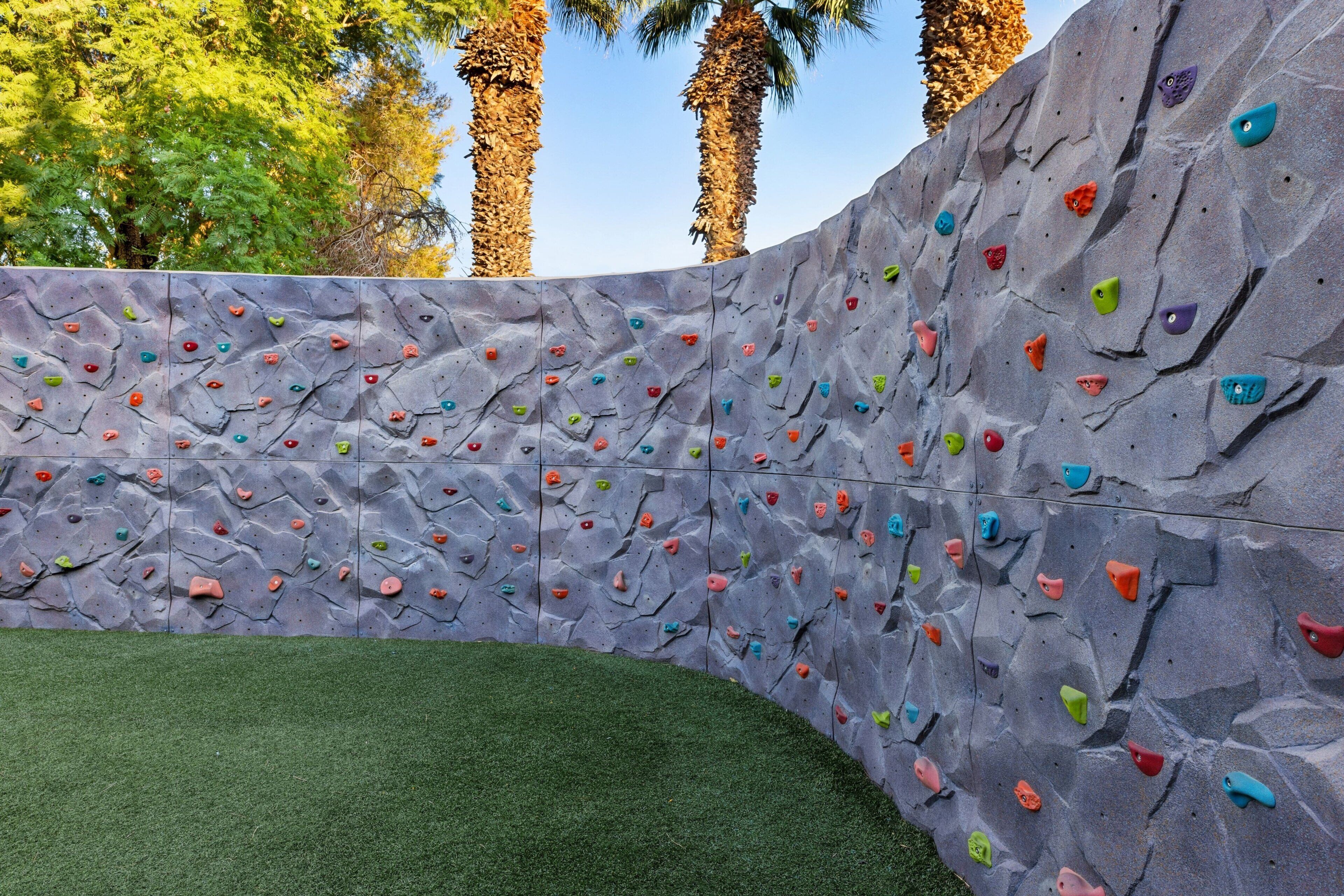 A rock climbing wall with various colored holds and a grassy area in front.
