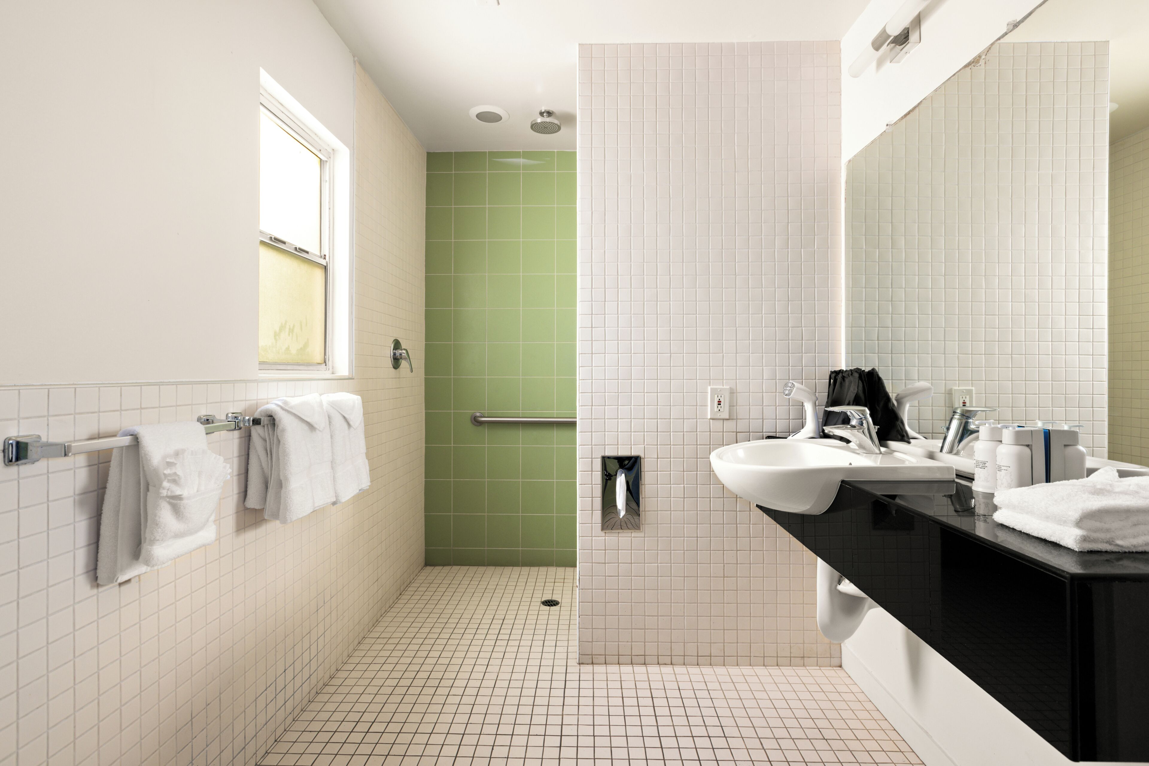 Single Room, 1 King Bed, Roll-In Shower | Bathroom | Hair dryer, towels, soap, shampoo
