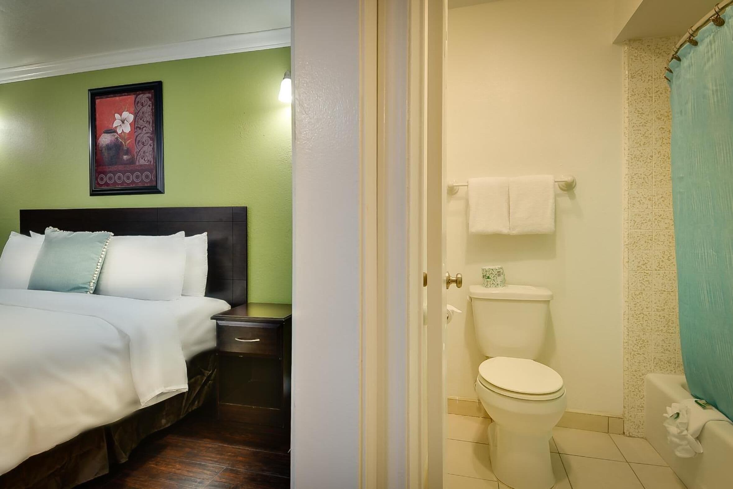 A bedroom with a bed, nightstand, and a bathroom with a toilet and shower curtain.