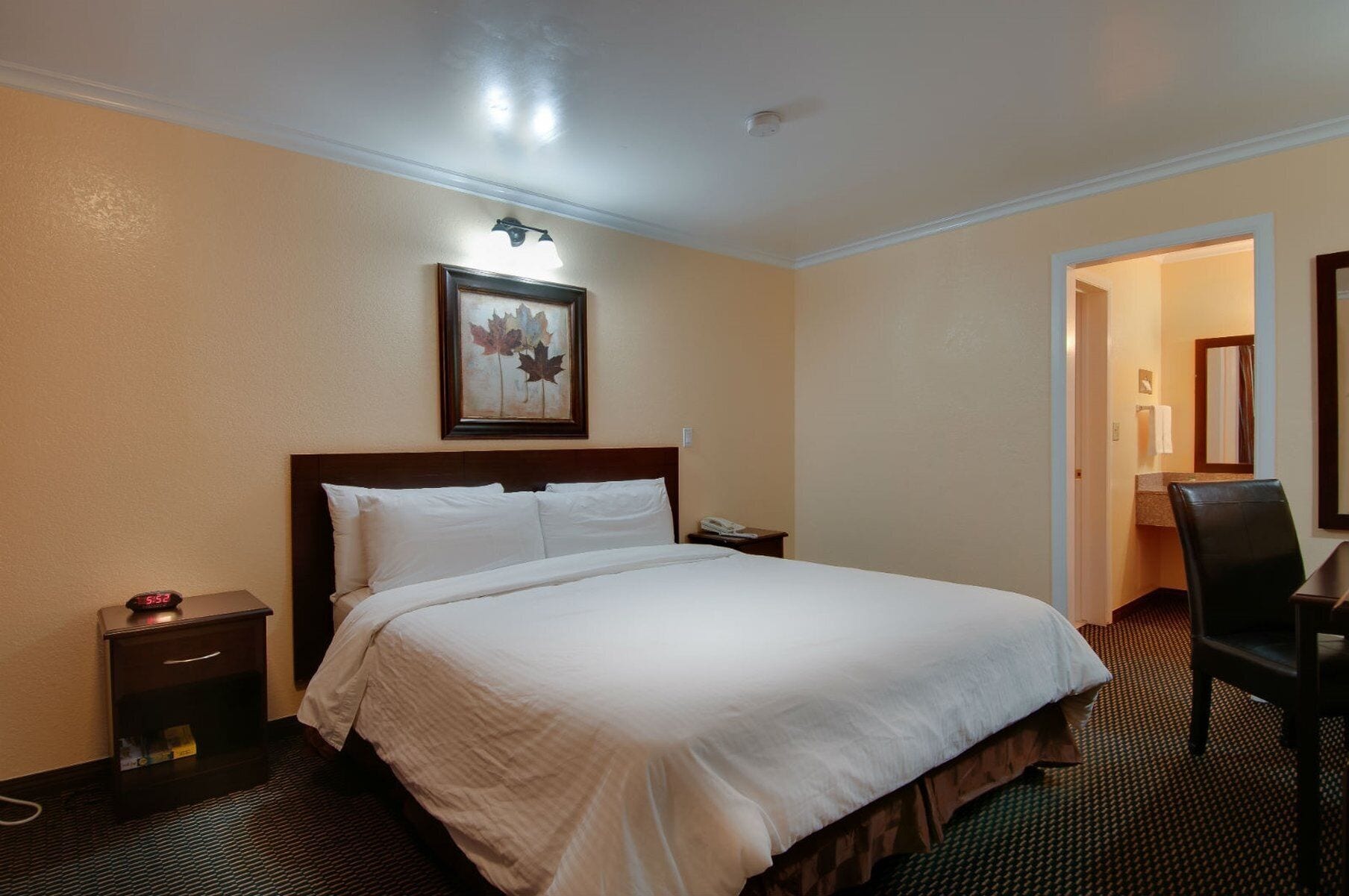 A hotel room with a large bed, a nightstand, a desk, and a chair.