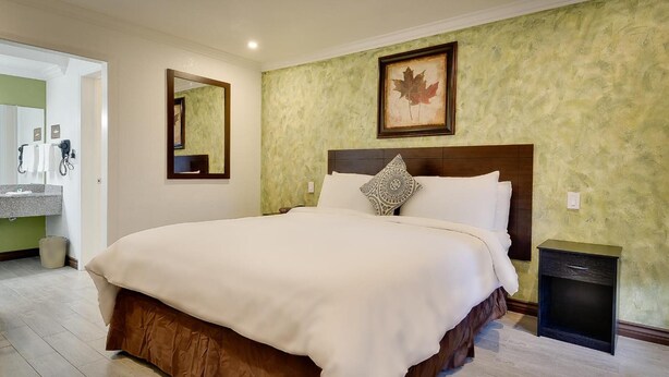 A hotel room with a large bed, a bedside table, a mirror, a framed picture on the wall, and a bathroom visible through an open door.