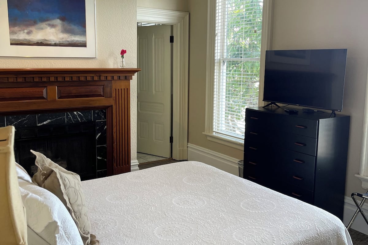 A bedroom with a large bed, a fireplace, a television, and a window with blinds.