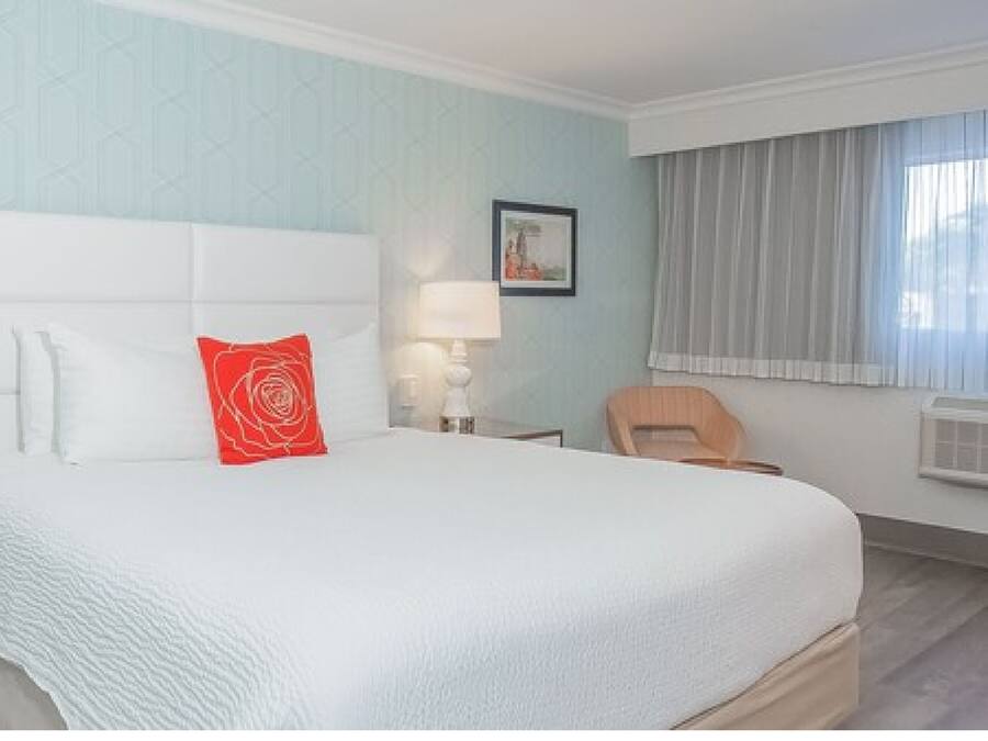 A hotel room with a large bed, a nightstand, a chair, and a window with curtains.