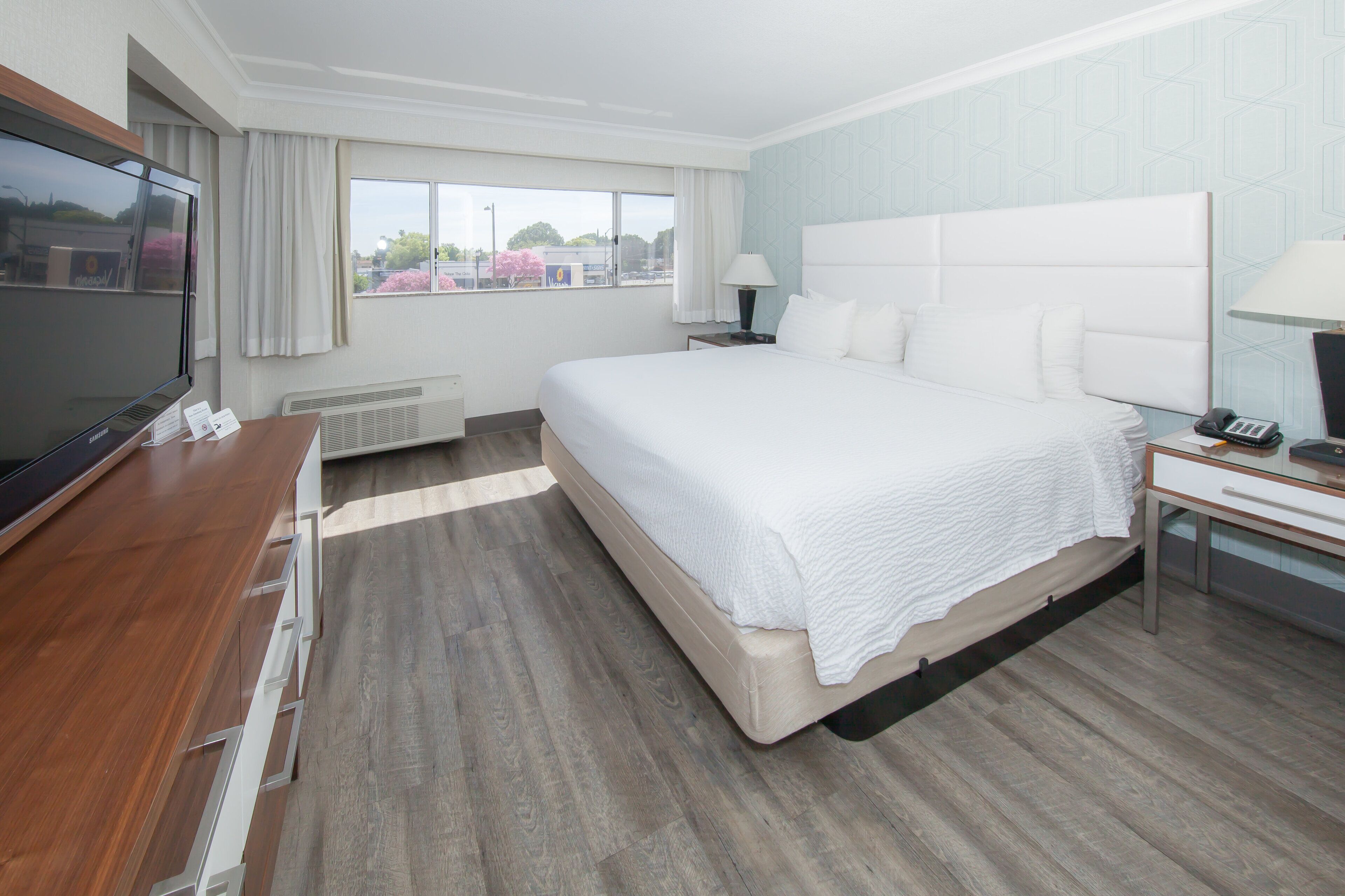 Habitación de hotel con una cama grande, un televisor de pantalla plana, un escritorio con silla y una ventana con cortinas.