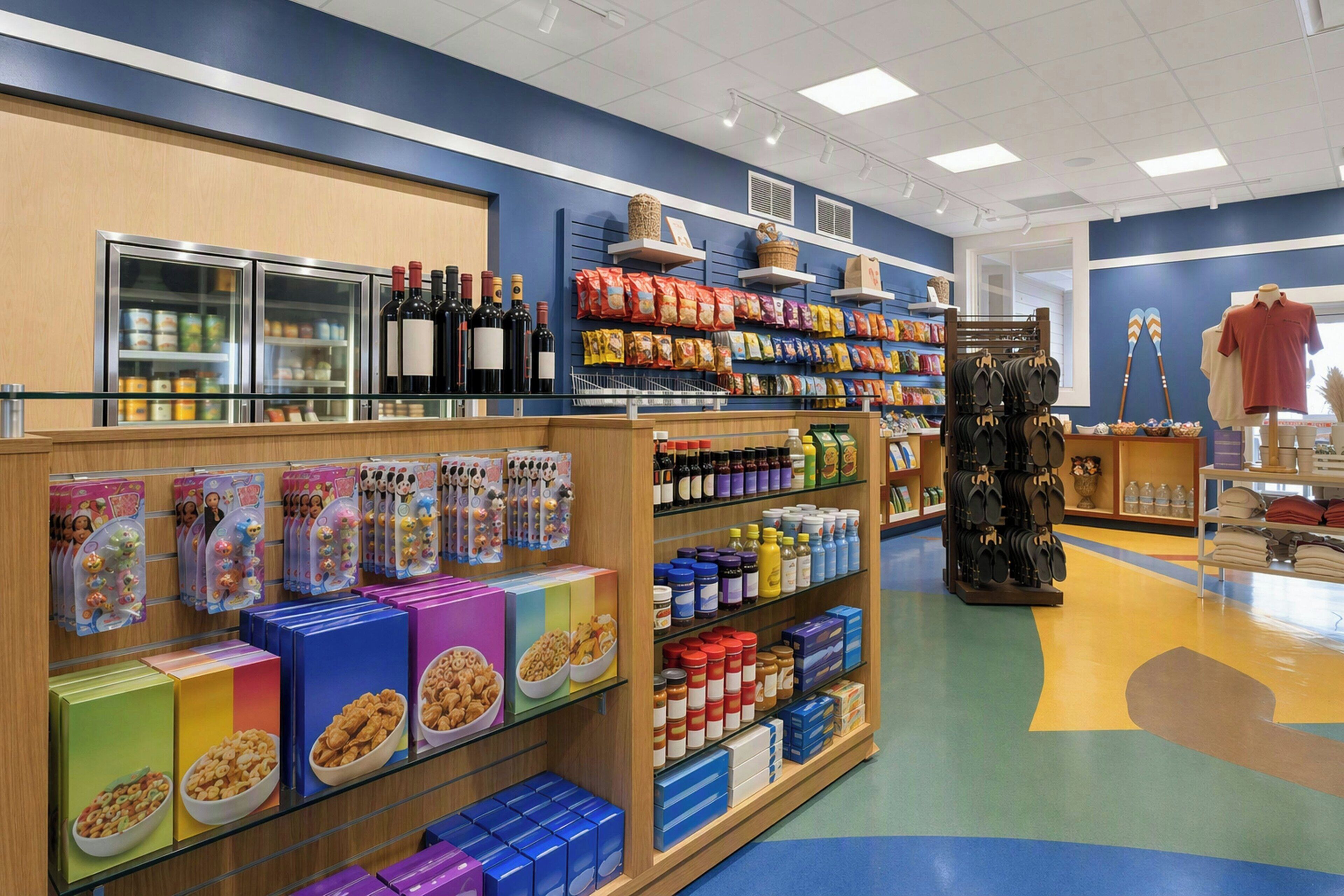 Um supermercado com prateleiras repletas de diversos produtos, uma área refrigerada e uma exibição de caixas de cereais.