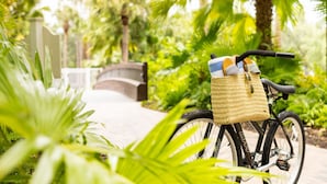 A bicycle with a basket and a bag parked on a paved path surrounded by lush greenery.