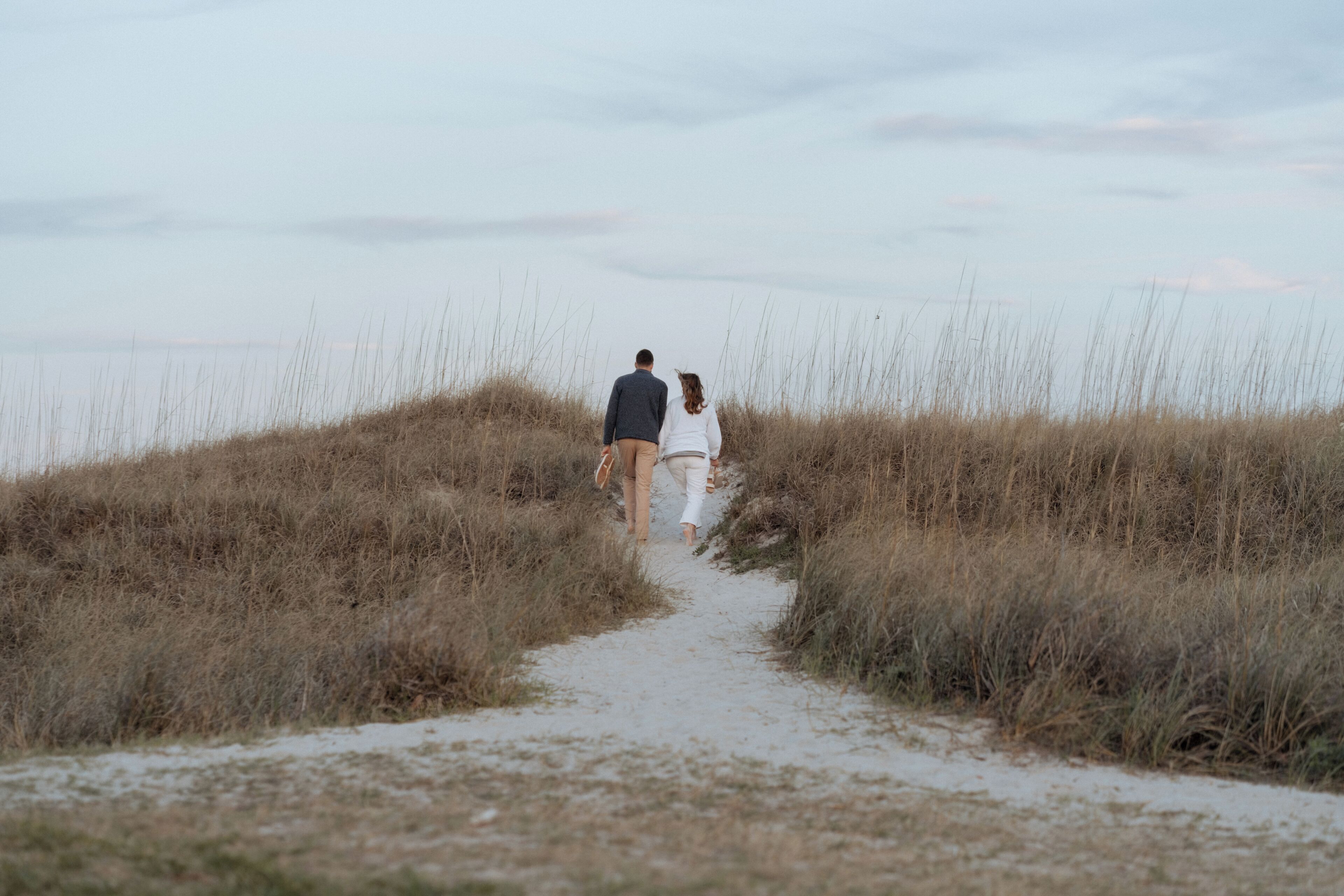 A pathway through tall grass leading to a body of water.