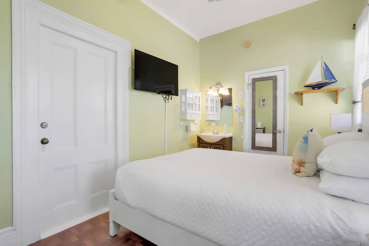 Une chambre à coucher comprenant un lit, une télévision, un miroir, un lavabo et une porte.
