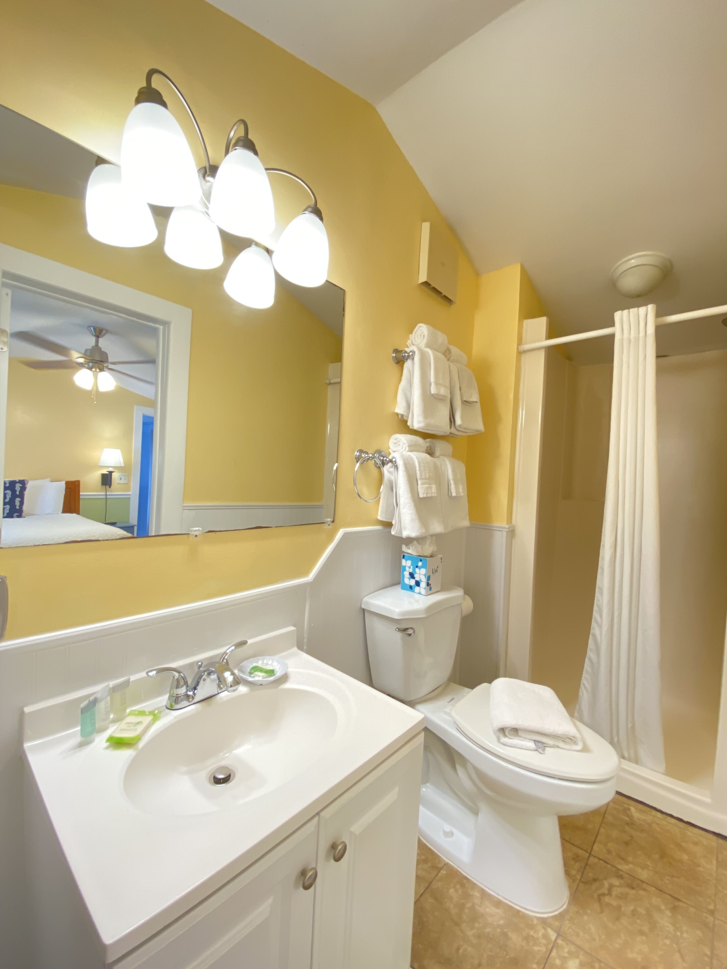 A bathroom with a white sink, toilet, and shower curtain. There is a mirror above the sink and a ceiling fan.