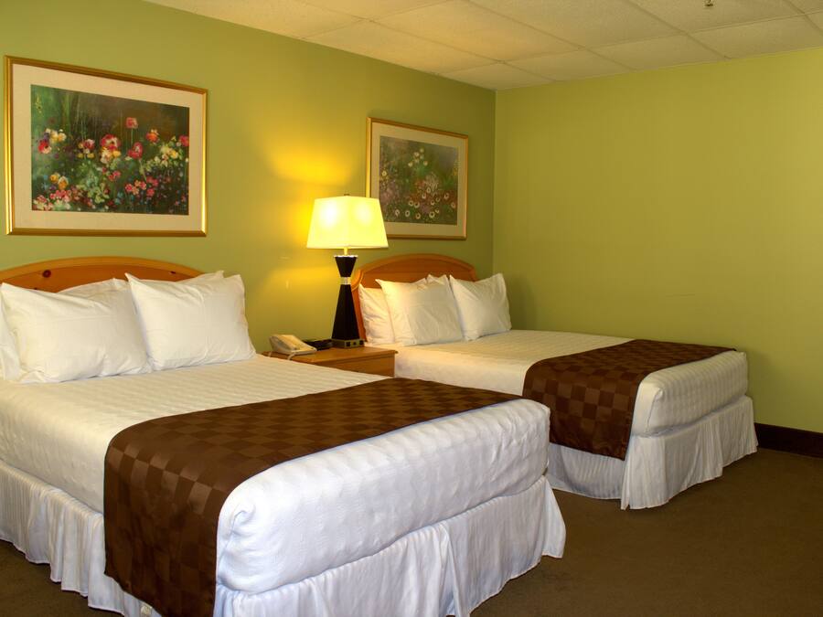 Ein Hotelzimmer mit zwei Betten, einem Nachttisch mit Lampe und zwei gerahmten floralen Bildern an der Wand.