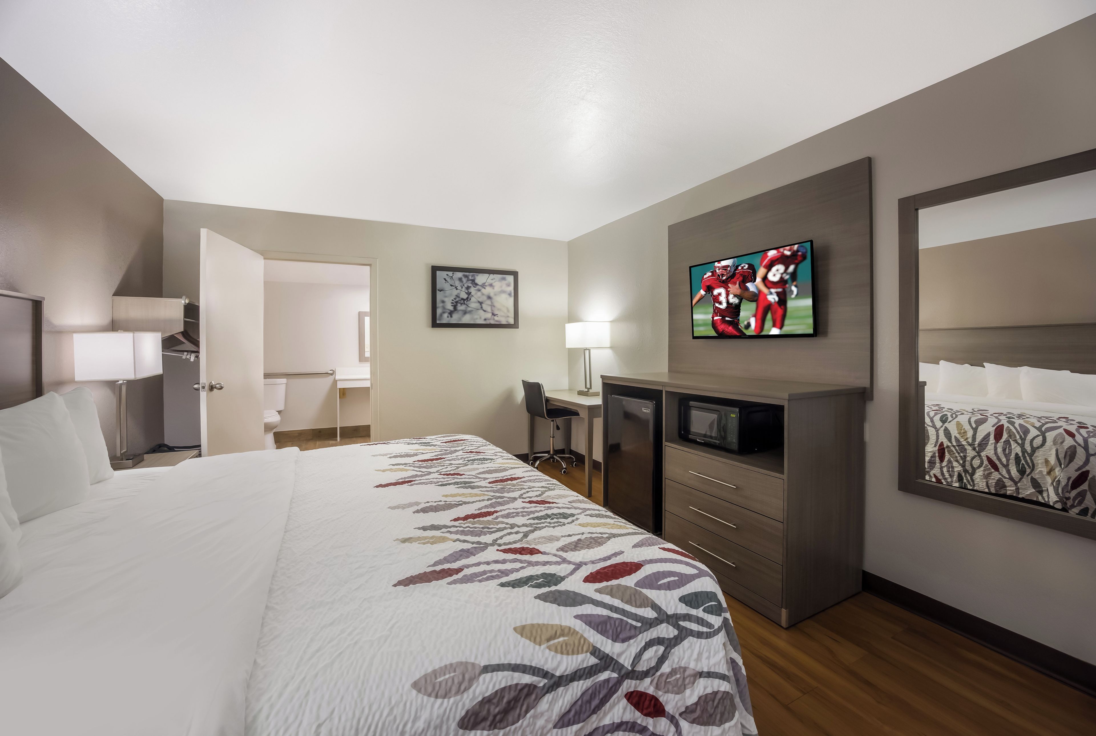 Una habitación de hotel con una cama, un escritorio, un televisor y un espejo.